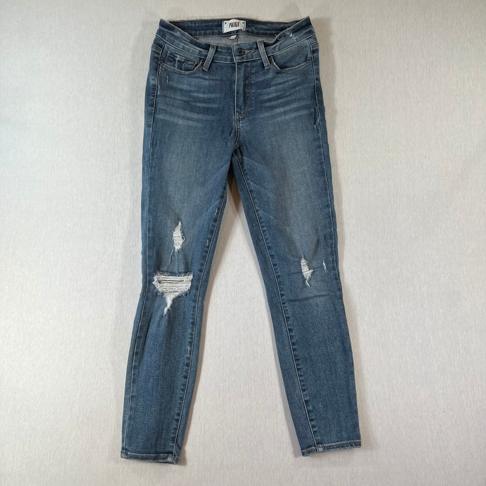 PAIGE Jeans 26x25 Hoxton Crop High Rise Skinny Distressed Stretch Med Wash Denim
